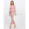 Bell Sleeve Peplum Top And Tailored Ruffle Hem Pants Set Manufacture Wholesale Fashion Women Apparel (TA4118SS)